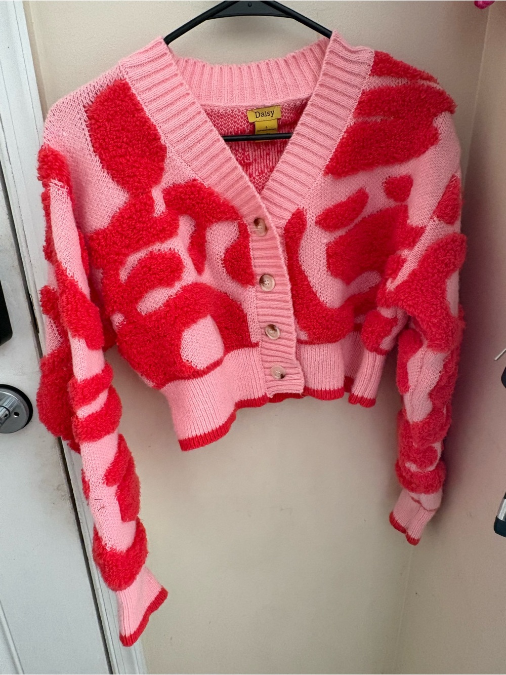 Daisy Pink and Red Cropped Textured V-Neck Cardigan
